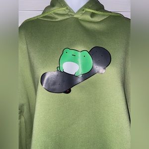 Lightly worn large lime green skateboarding frog hoodie, polyester outside